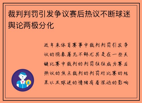 裁判判罚引发争议赛后热议不断球迷舆论两极分化