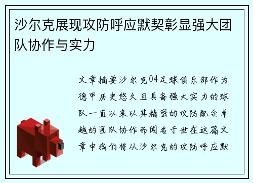沙尔克展现攻防呼应默契彰显强大团队协作与实力
